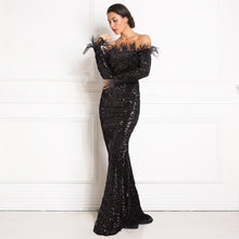 Load image into Gallery viewer, Feather Velvet Mermaid Party Maxi Dress
