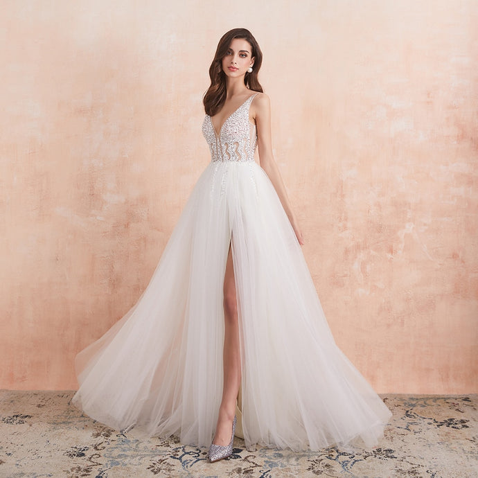 V Neck Crystal Wedding Dress
