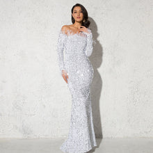Load image into Gallery viewer, Feather Velvet Mermaid Party Maxi Dress
