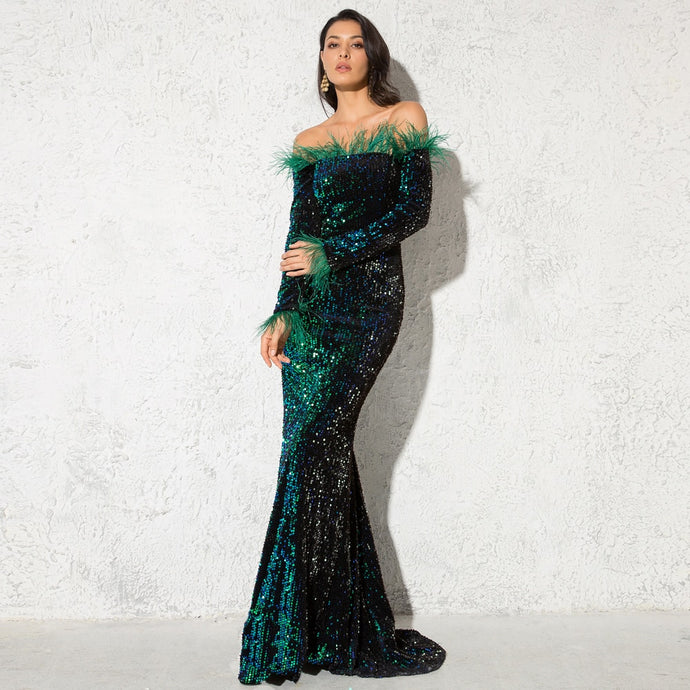 Feather Velvet Mermaid Party Maxi Dress