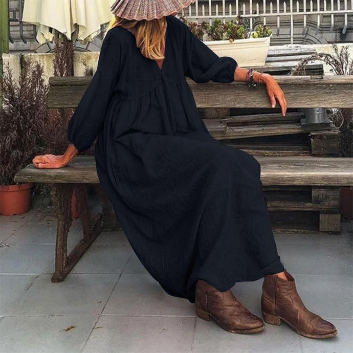 Stylish Puff Sleeve V Neck Maxi Dress