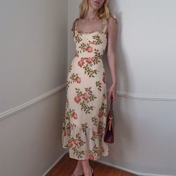 Vintage Strap Tie Ruffle Dress