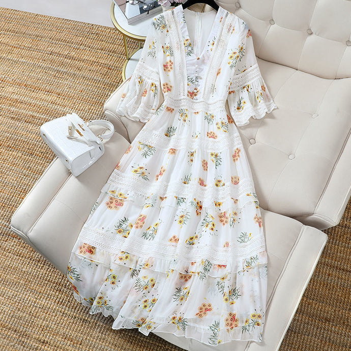 Floral Chiffon Puff Sleeve Women Dress