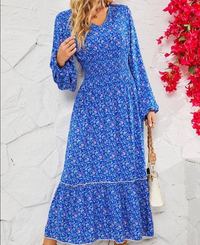 V-Neck Flower Print Maxi Dress
